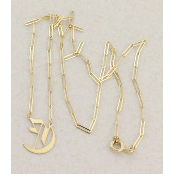 14k Yellow Gold Letter E Gothic Cursive E Necklace 18" Chain - Picture 8 of 9